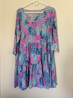 Lilly Pulitzer Vibrant Leaf-Print Babydoll Dress in Aqua and Hot Pink